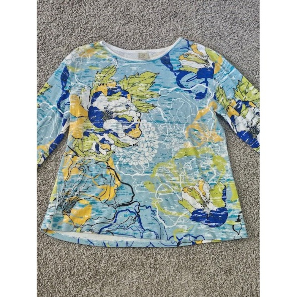 Jess & Jane Top Womens Large Blue Yellow Floral Cotton Long Sleeve Rhinestone - Picture 2 of 8